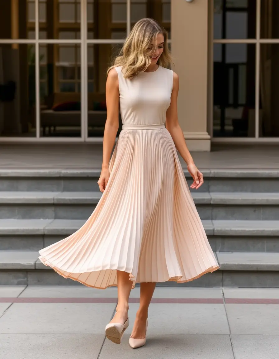 Nude Pleated Skirt Dress - Vestido con falda plisada color beige nude