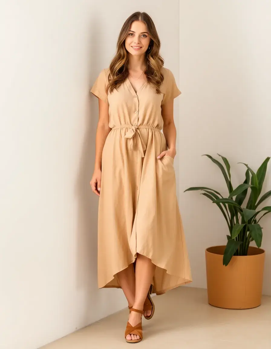 Nude A-Line Day Dress - Vestido de día corte en A color nude