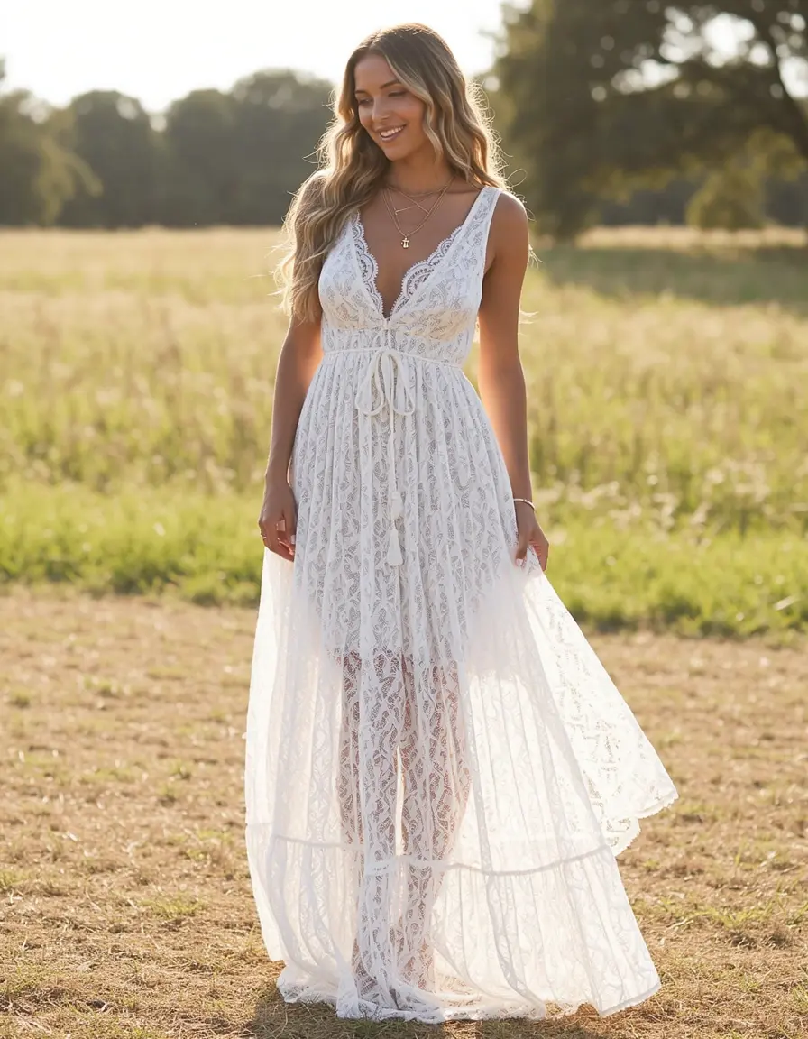 White Lace Maxi Dress estilo bohemio