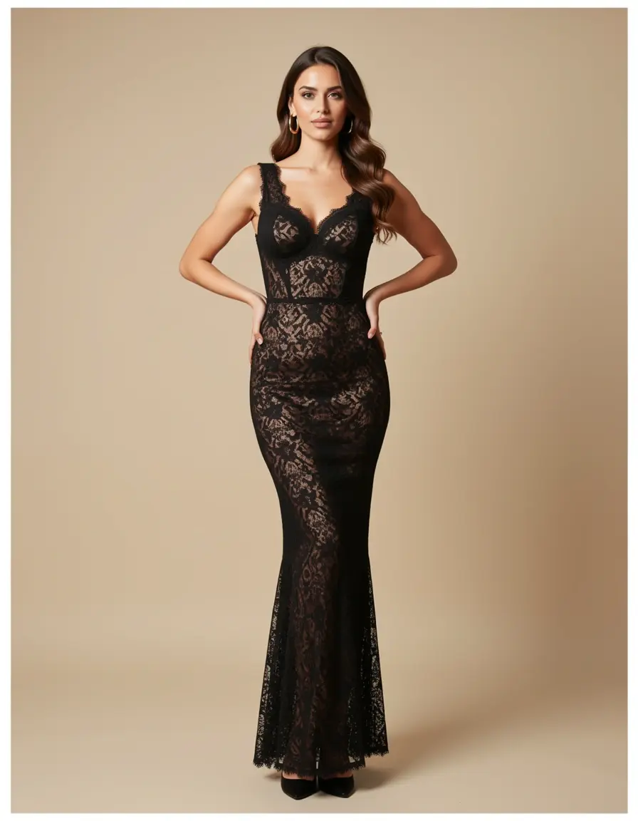 Black Lace Cocktail Dress silueta ajustada