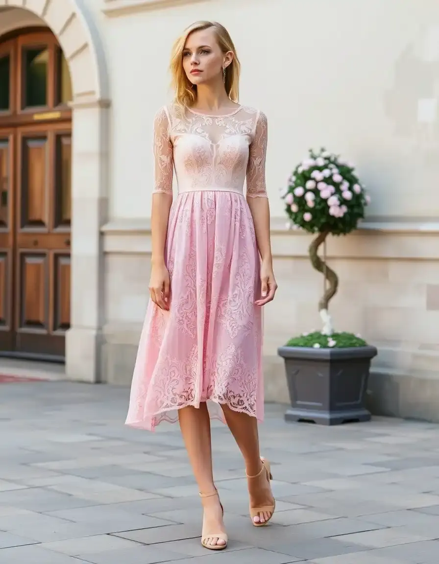 Pink Lace Midi Dress detalles románticos