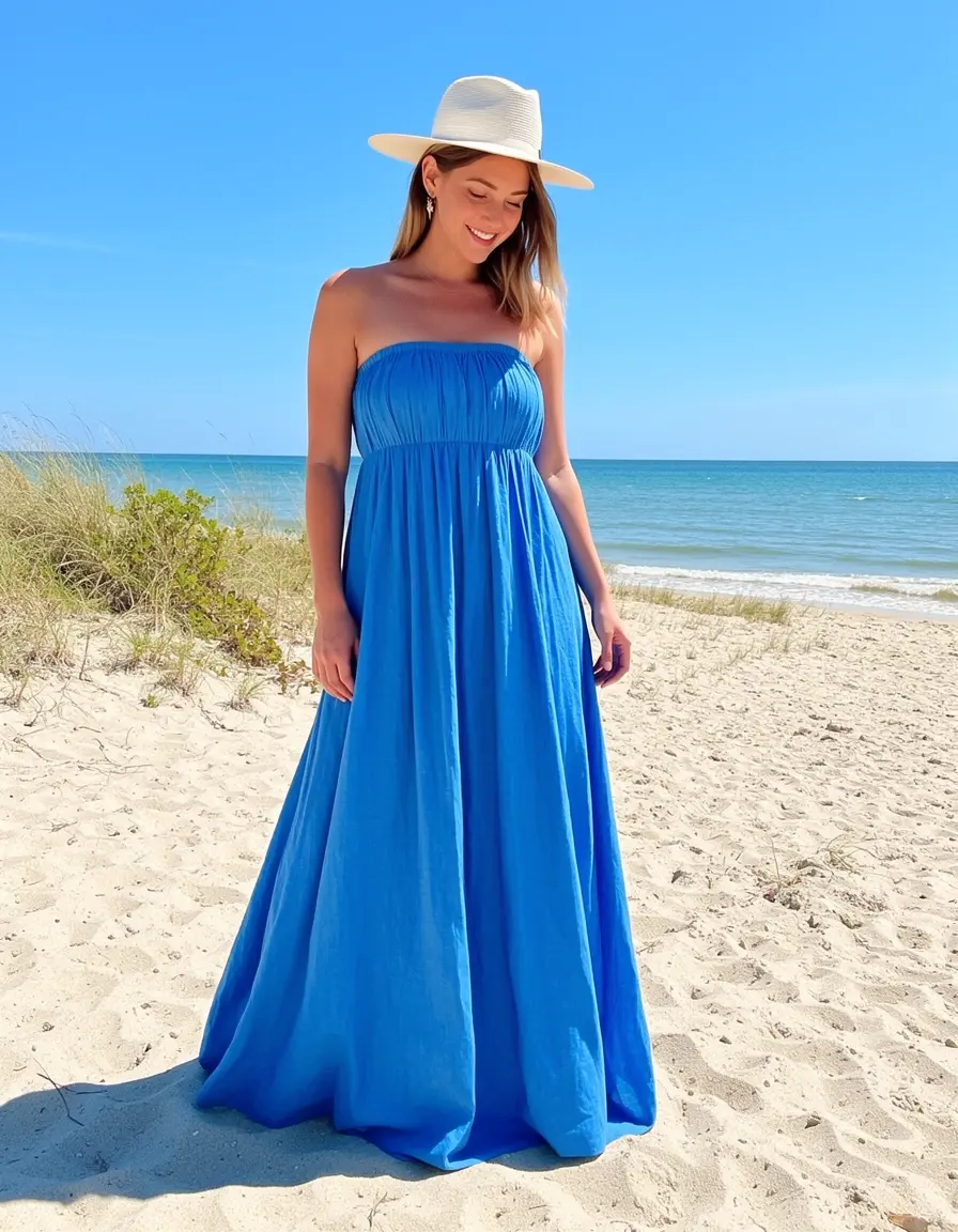 Strapless Maxi Dress azul fluido estilo playero
