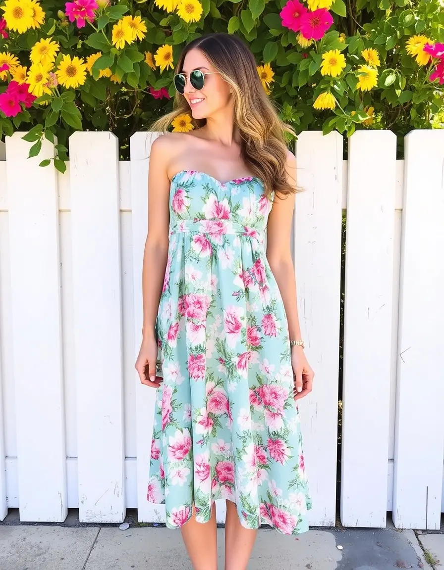 Vestido palabra de honor con estampado floral veraniego