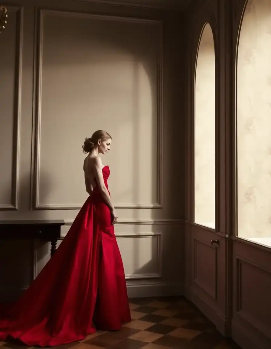 Vestido de gala palabra de honor rojo dramático