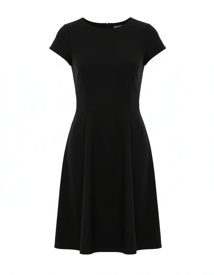Vestido negro corto clásico frontal sobre fondo blanco