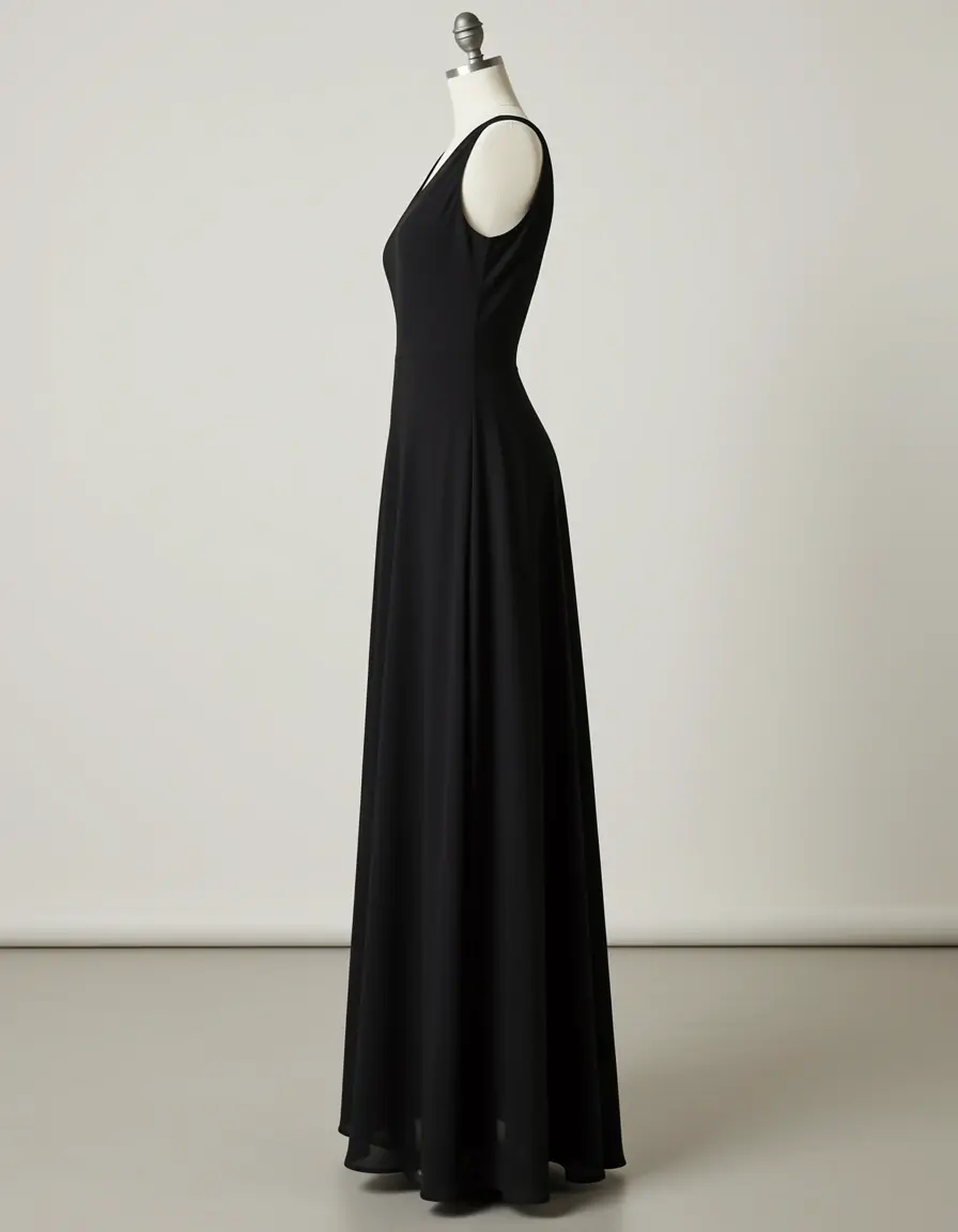 Vestido negro largo elegante de lado en maniquí