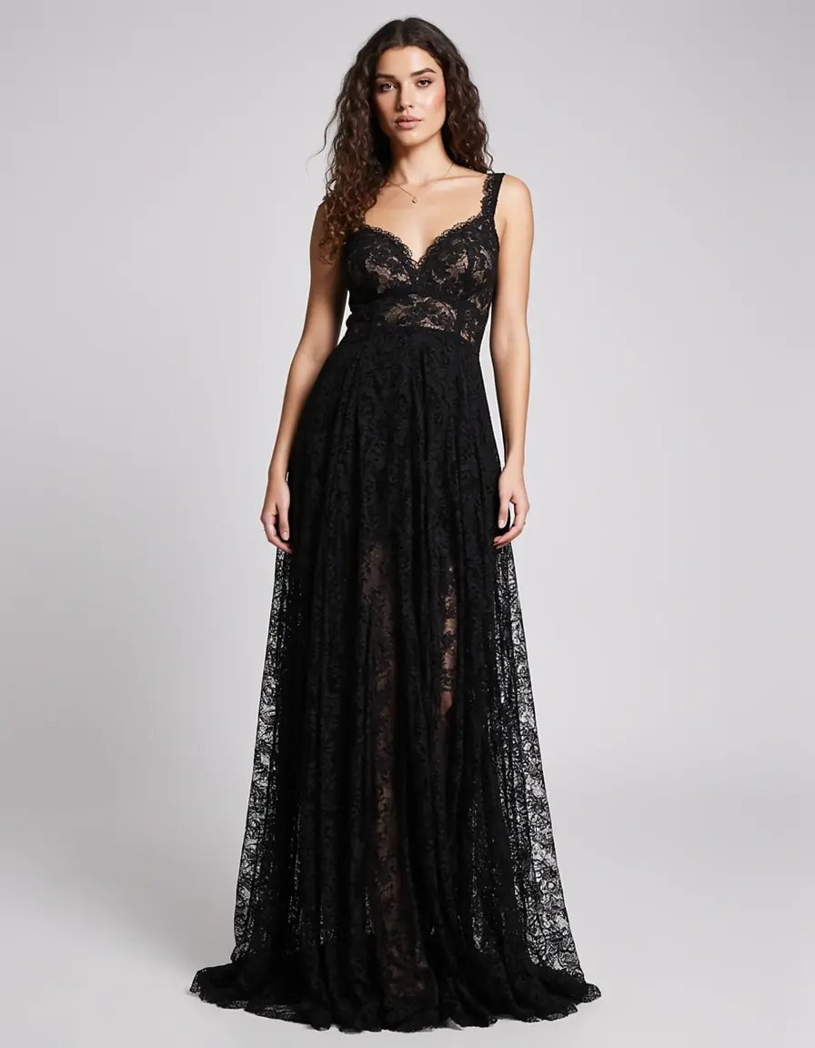 Vestido negro de encaje sexy en modelo cuerpo entero