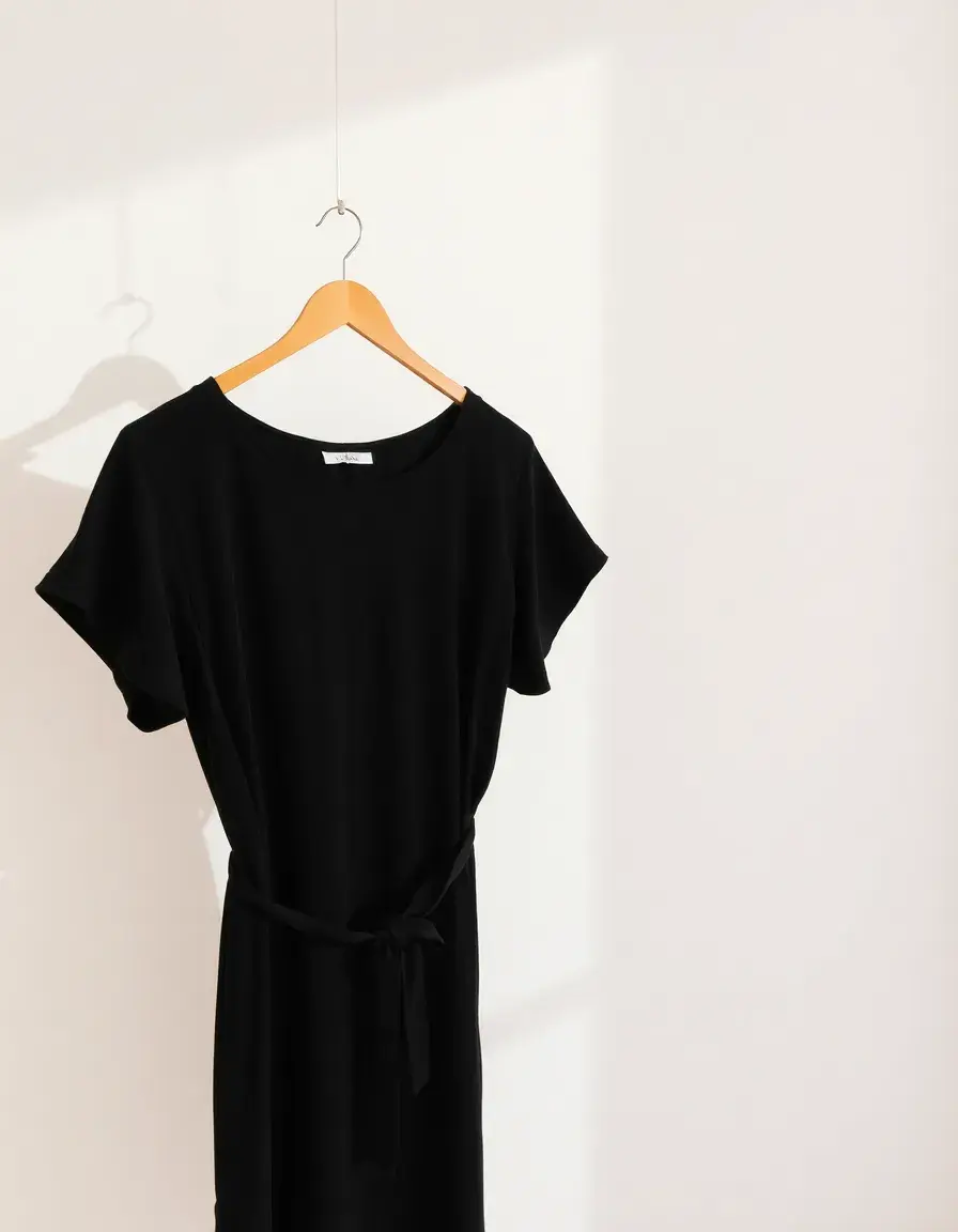 Vestido negro tipo shift sencillo en percha