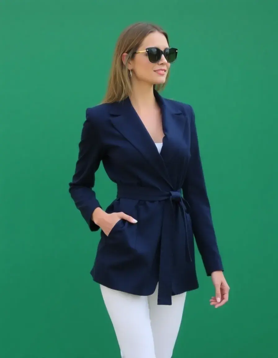 Vestido blazer azul marino con cinturón ajustable