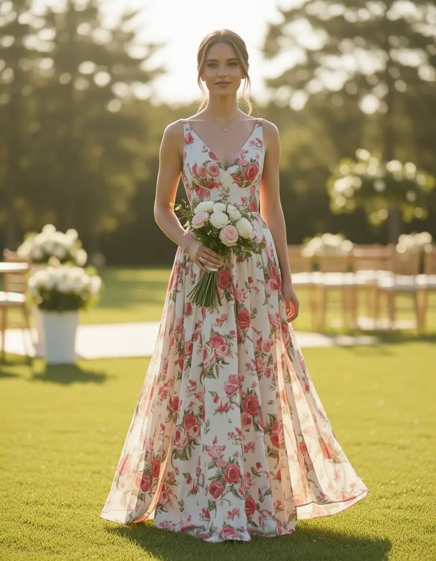 Vestido de boda invitada floral maxi fluido