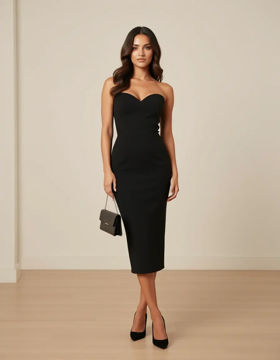 Vestido de coctel negro midi ajustado estilo clásico