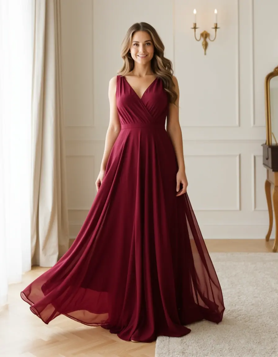 Vestido granate largo maxi fluido elegante