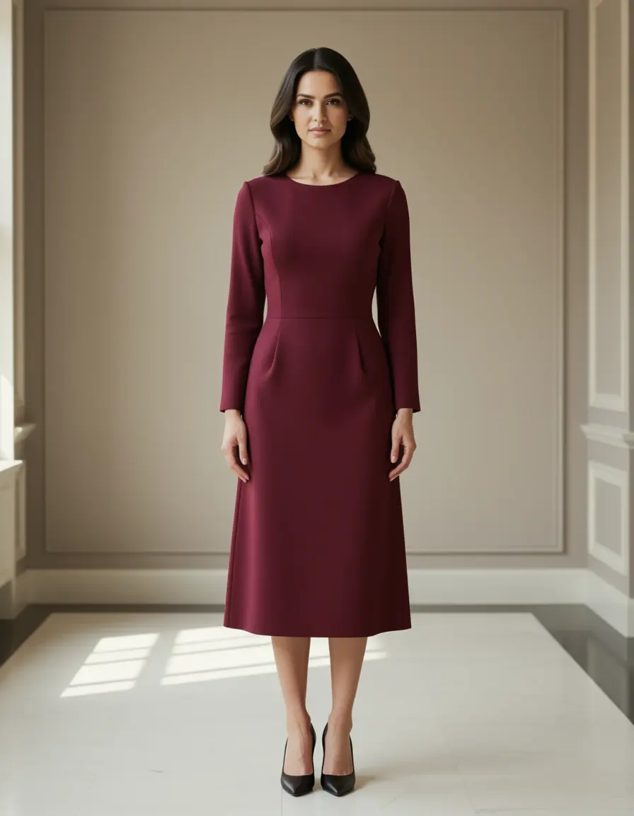 Vestido cóctel granate midi ajustado sofisticado