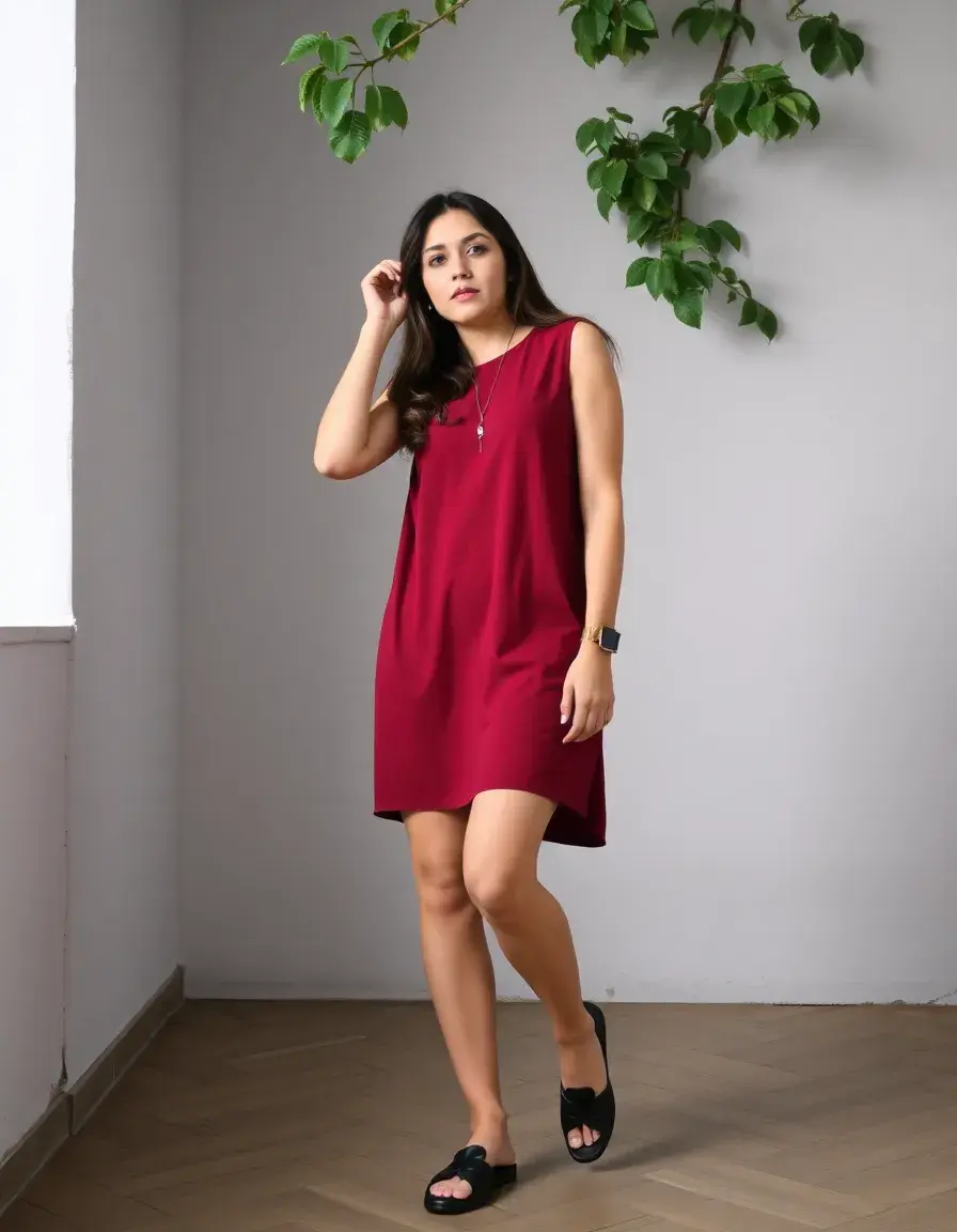 Vestido casual granate sencillo estilo shift