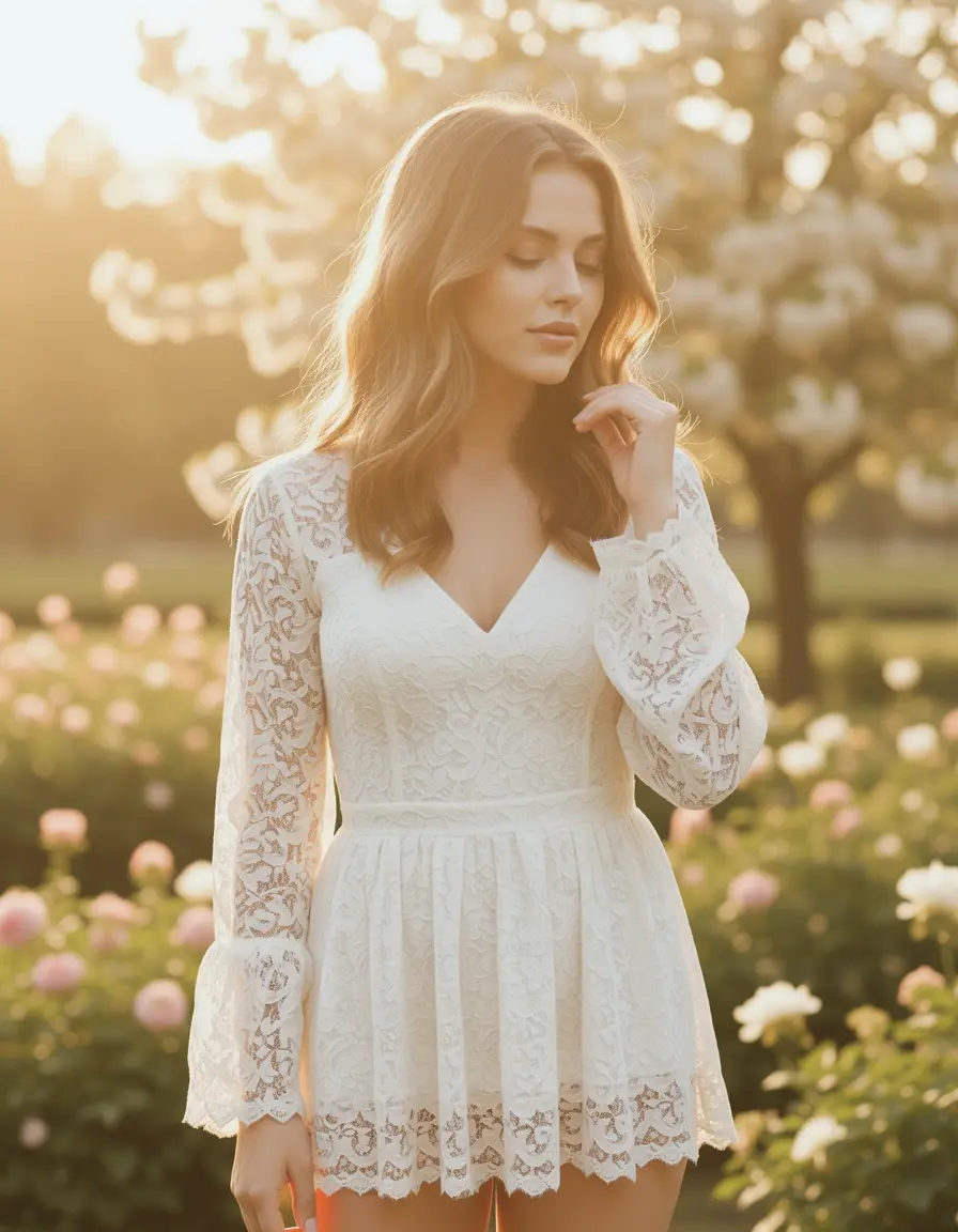 Vestido mangas largas corto de encaje romántico