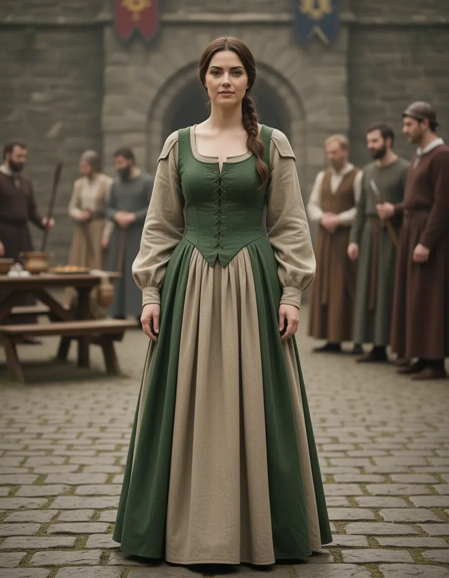 Modelo con un vestido medieval maxi túnica histórica fluida