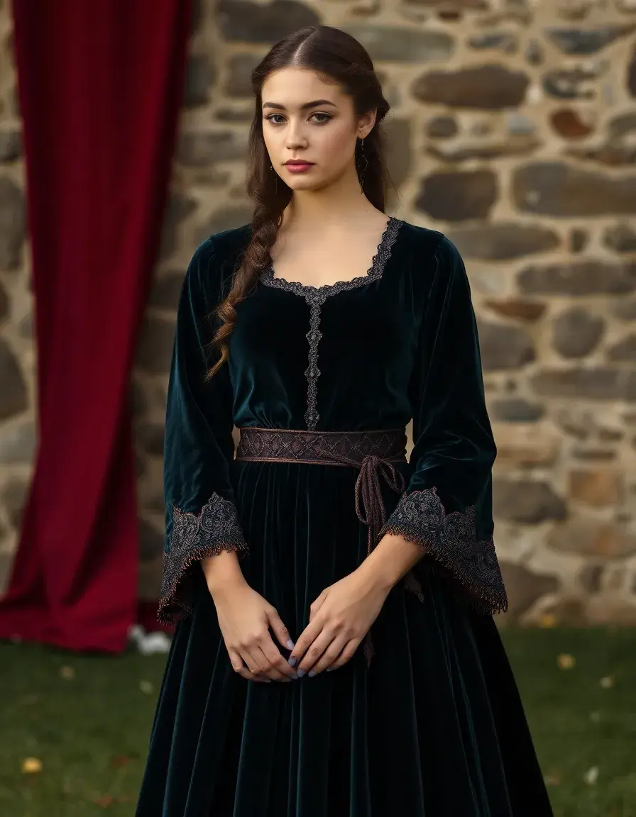 Vestido medieval largo de terciopelo verde oscuro