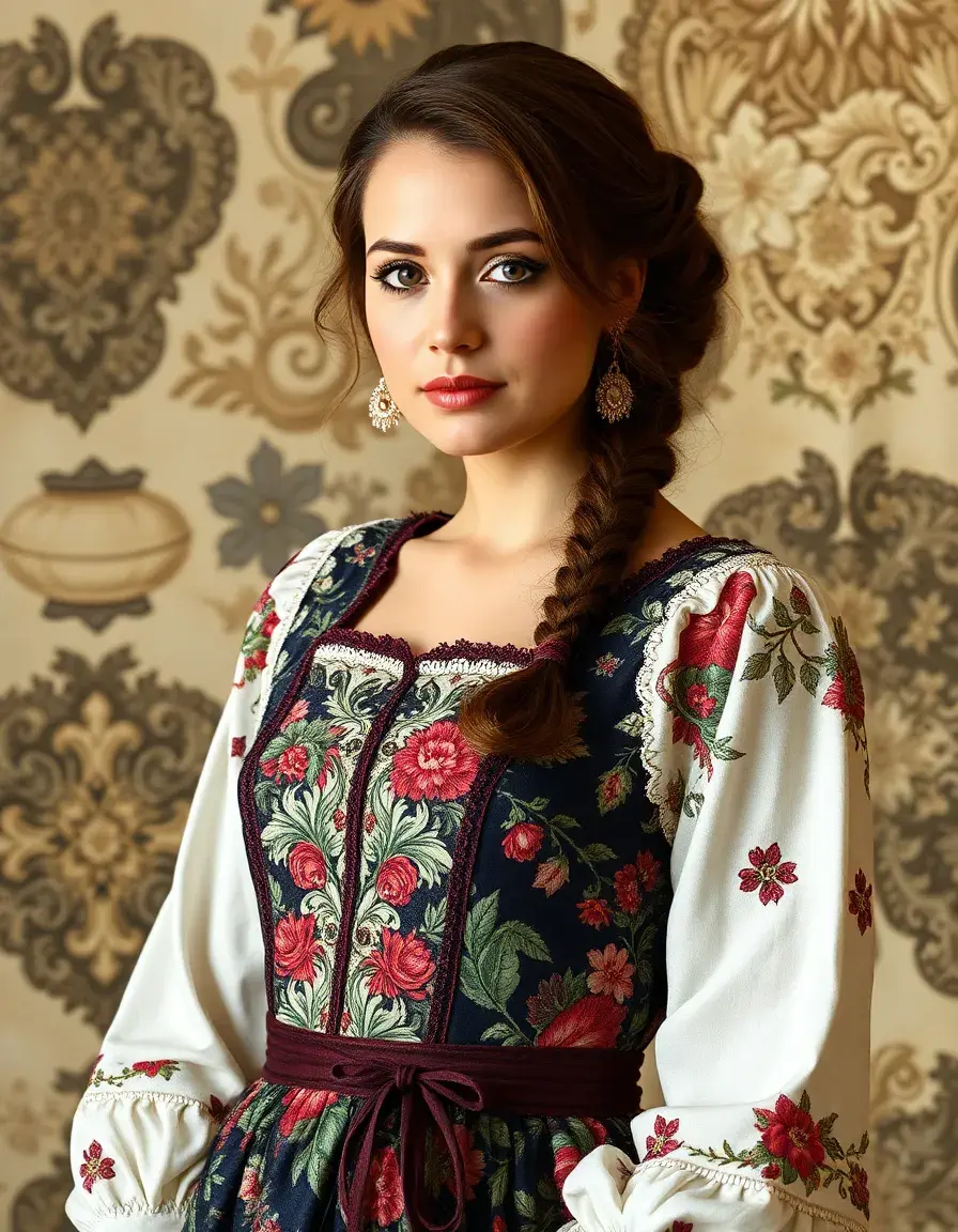 Vestido renacentista con estampado floral y mangas acampanadas