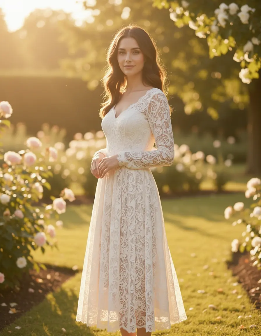 Vestido midi manga larga de encaje
