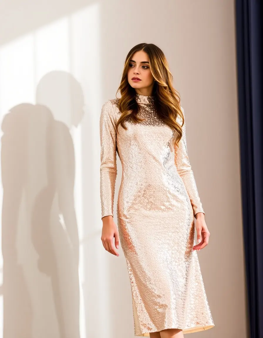 Vestido midi manga larga de lentejuelas
