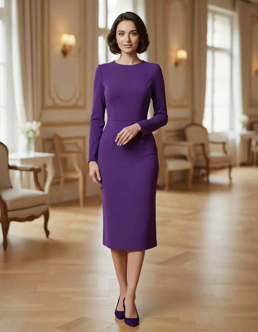 Vestido morado midi elegante para cóctel