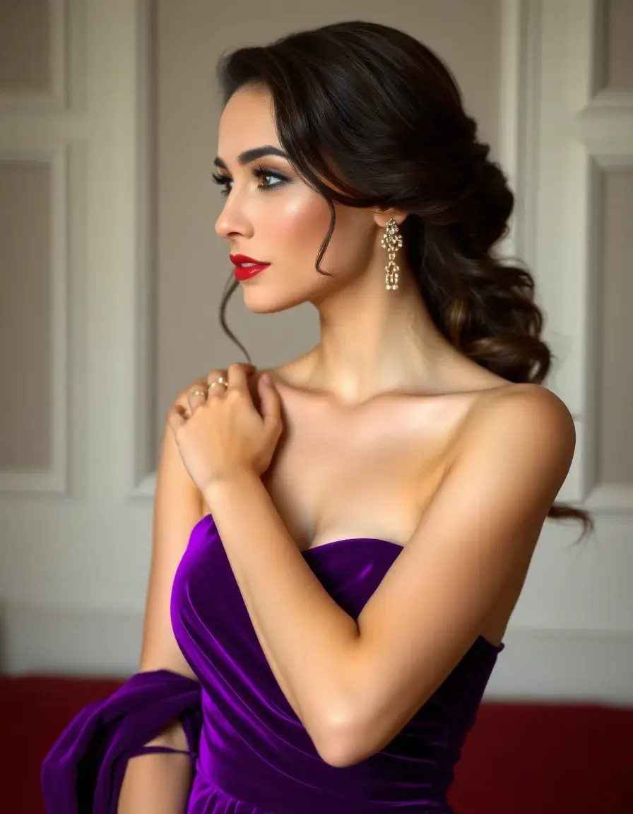 Vestido de noche morado en terciopelo