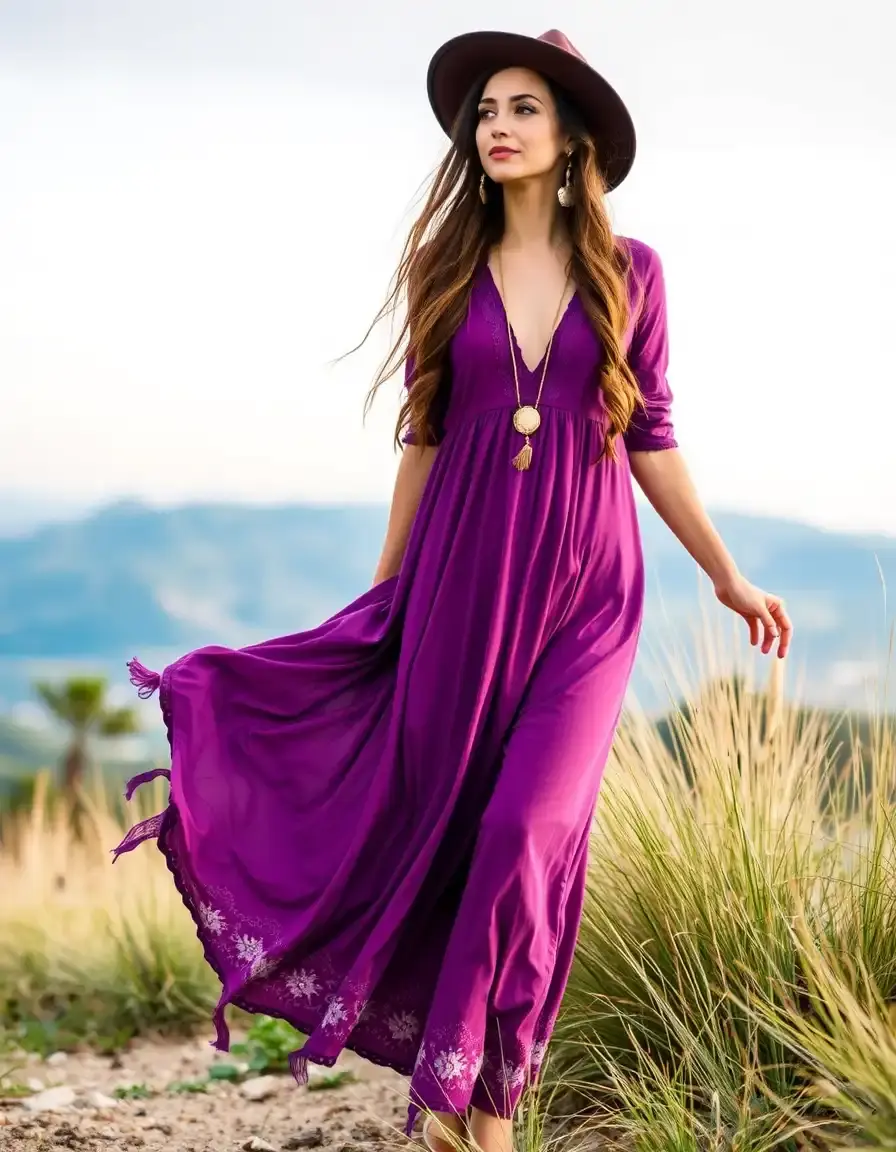 Vestido morado estilo boho largo