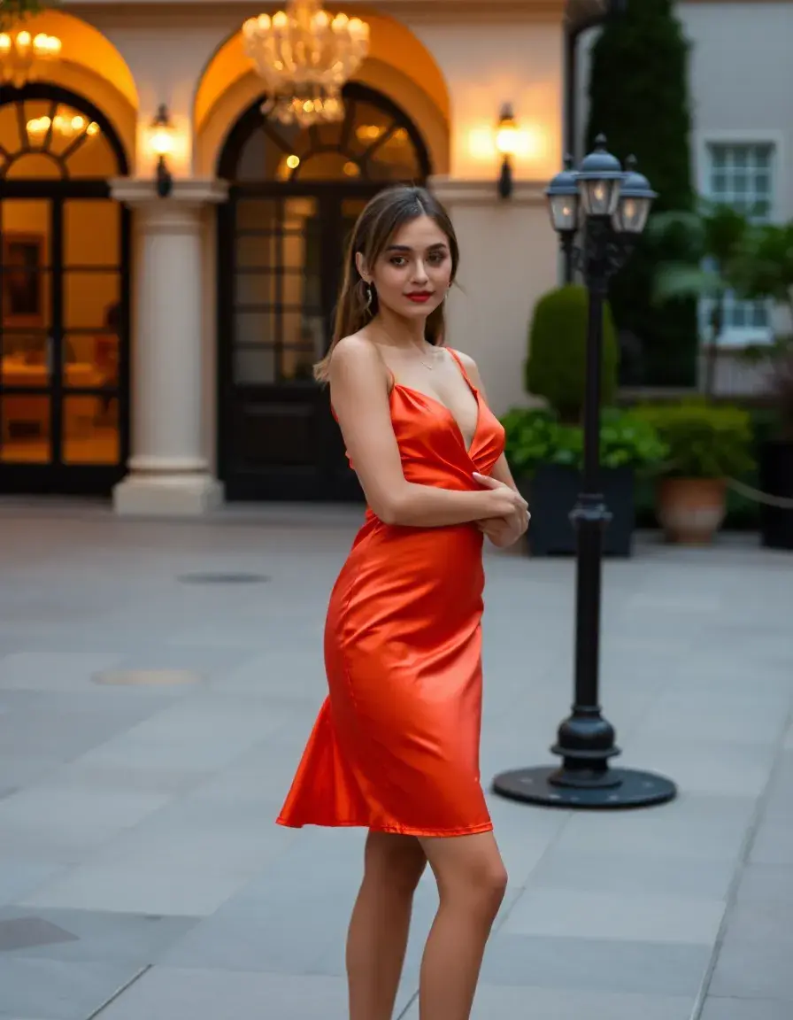 Vestido naranja de satén para noche elegante