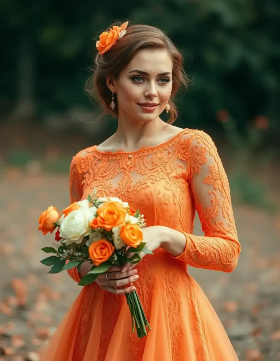 Vestido naranja de encaje estilo romántico