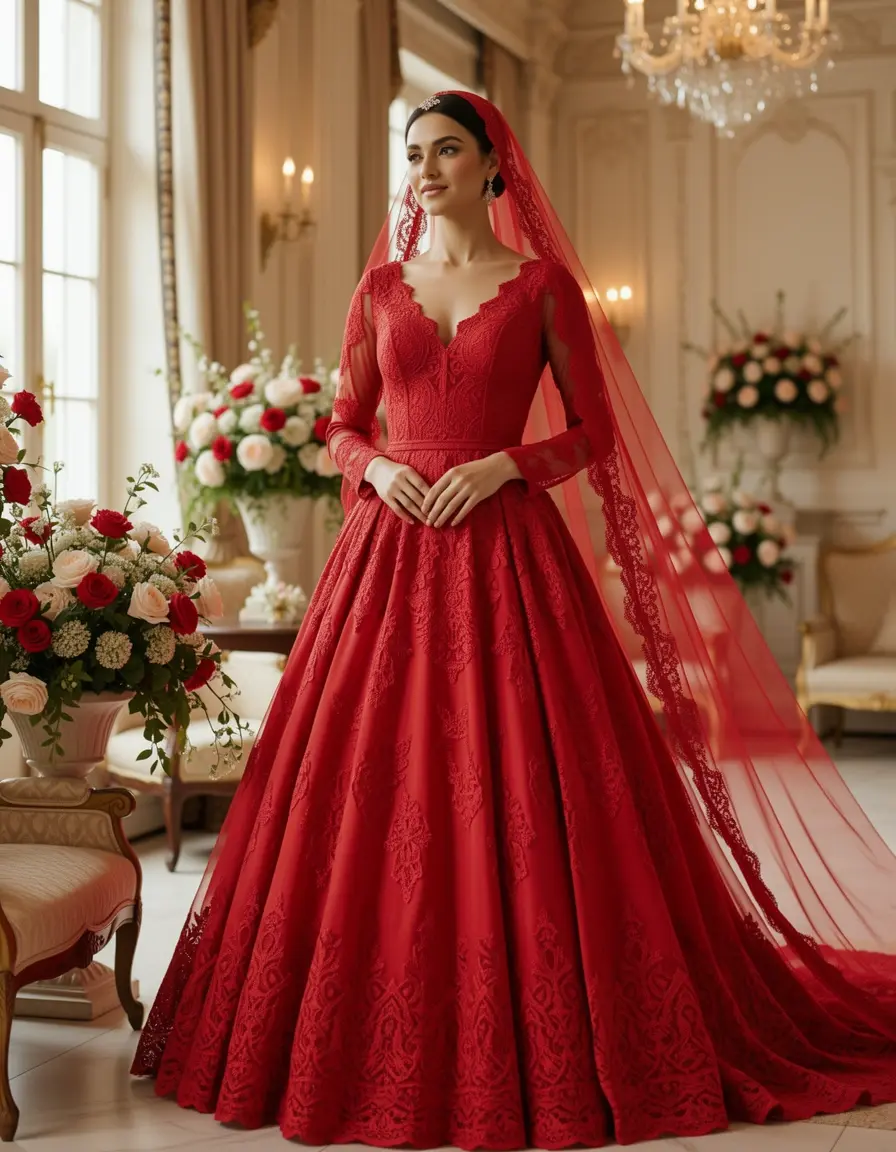 Vestido midi rojo de encaje para invitada de boda romántica