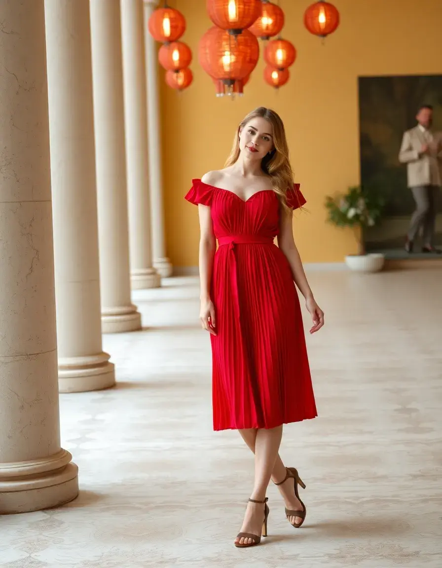 Vestido plisado rojo invitada boda diseño moderno y sofisticado