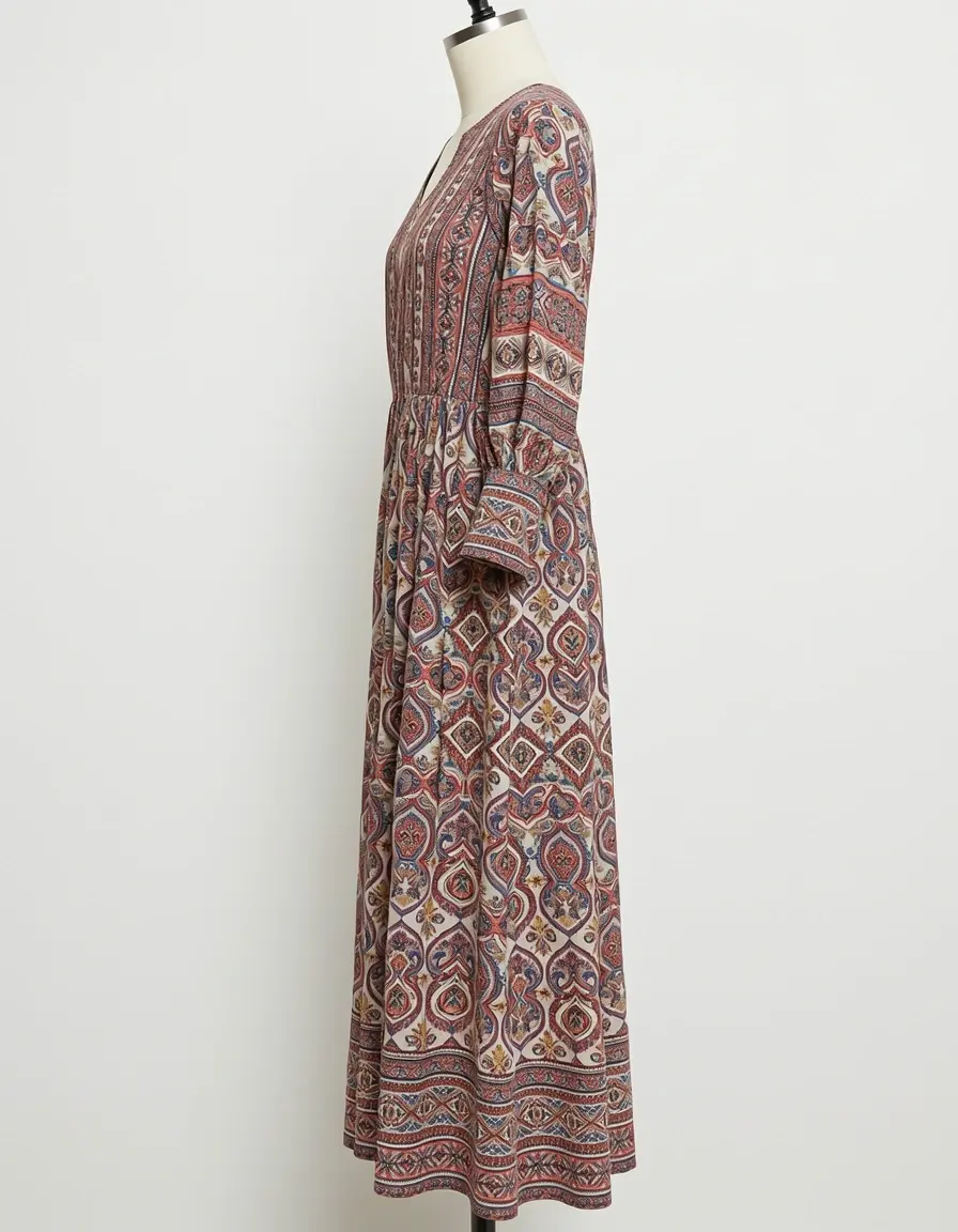 Vestido largo boho con patrones étnicos en maniquí
