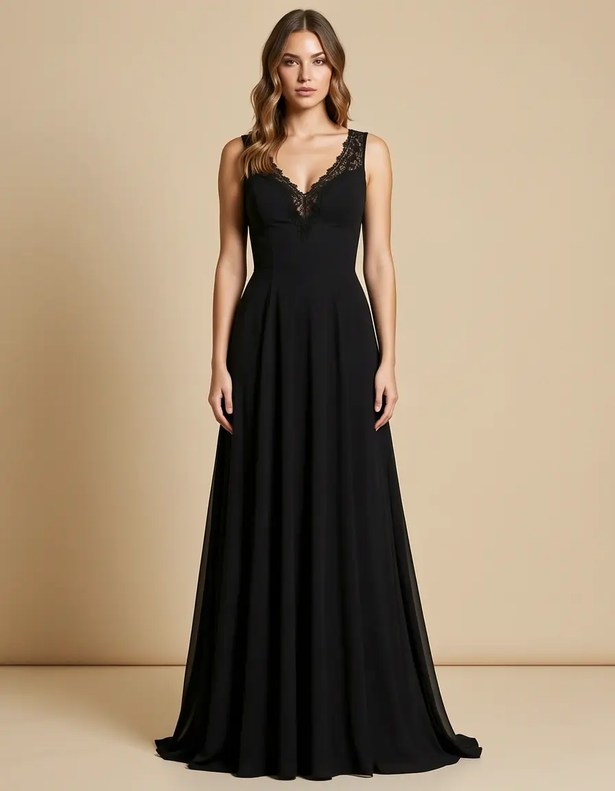 Vestido largo de noche negro elegante en modelo