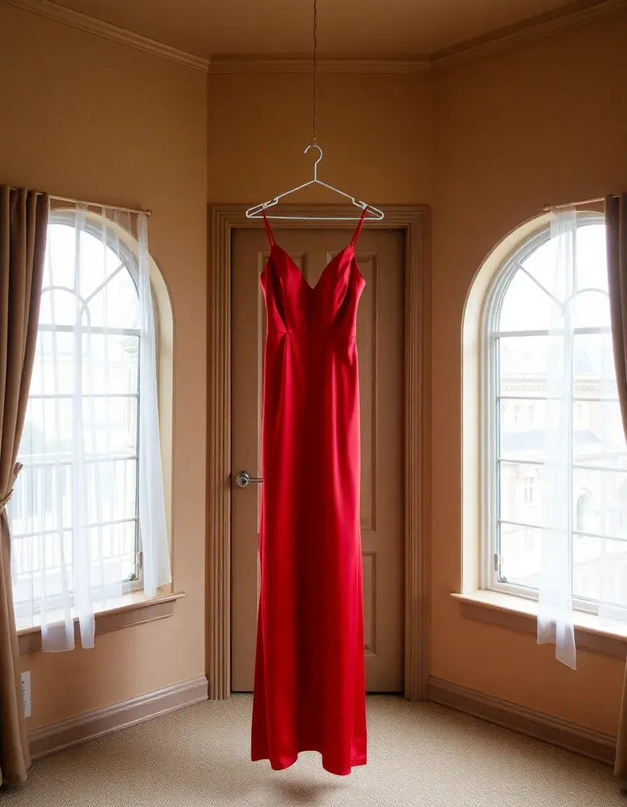 Vestido largo de satén rojo en percha