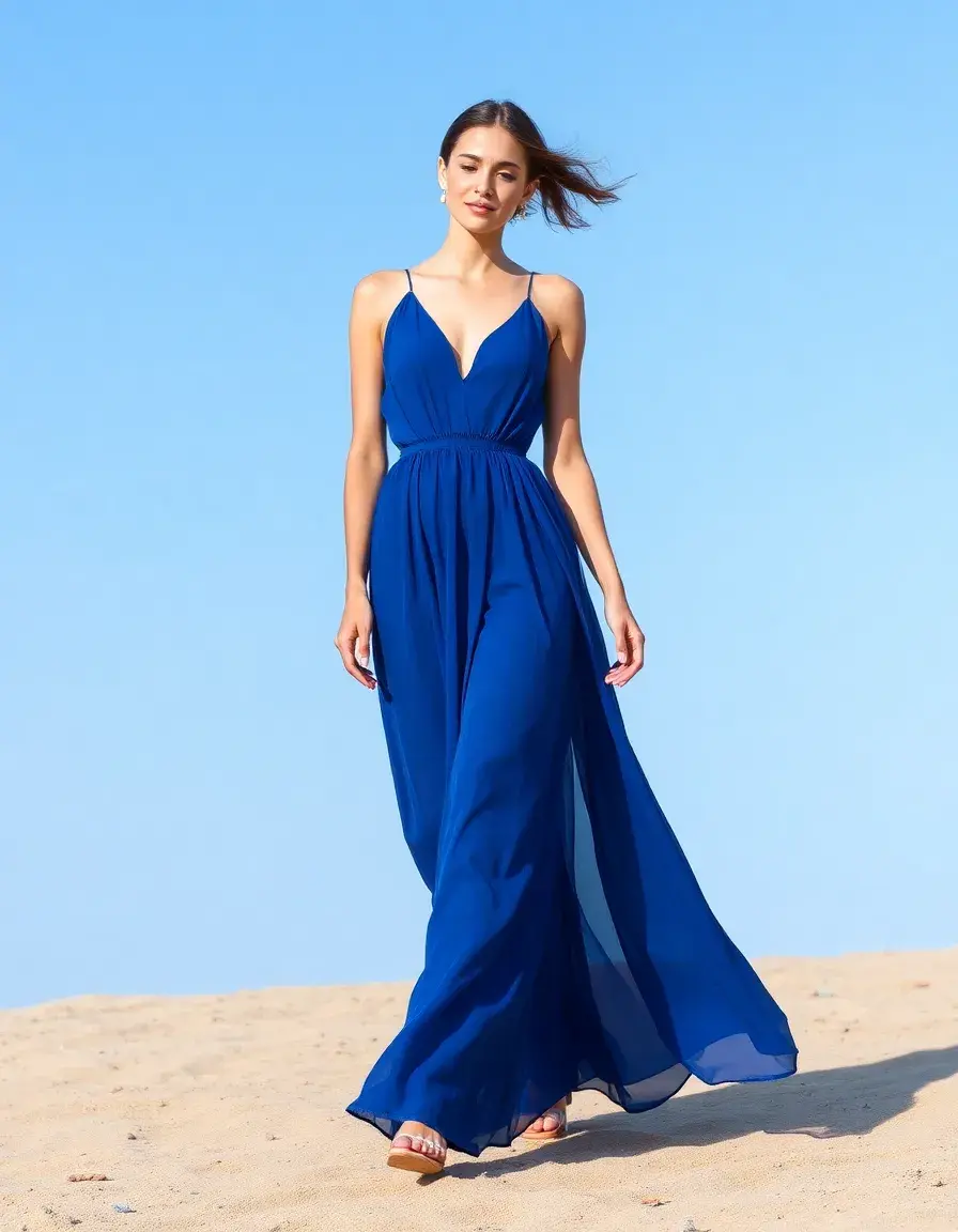 Vestido largo de gasa azul con modelo caminando