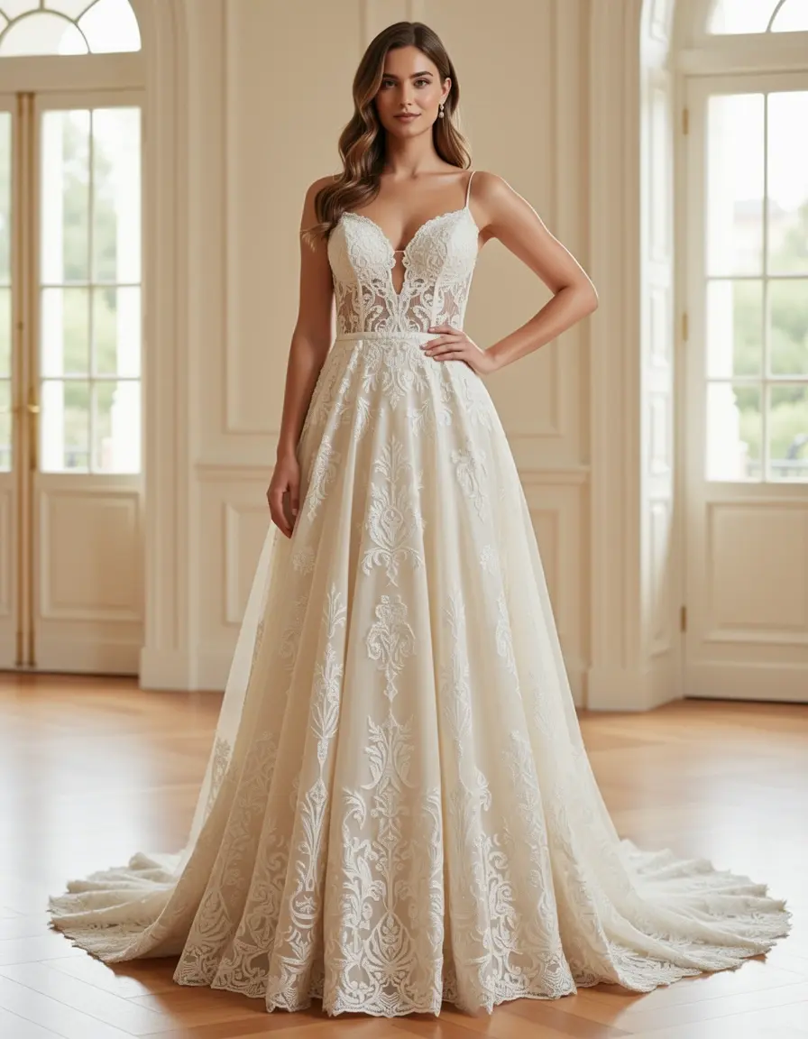 Vestido Boda encaje marfil modelo cuerpo entero