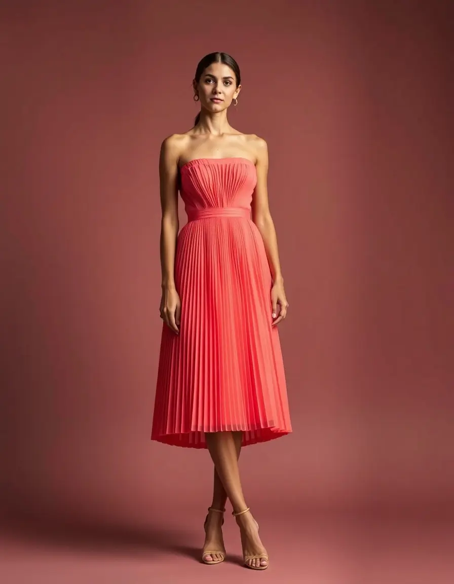 Vestido Boda plisado coral pose frontal