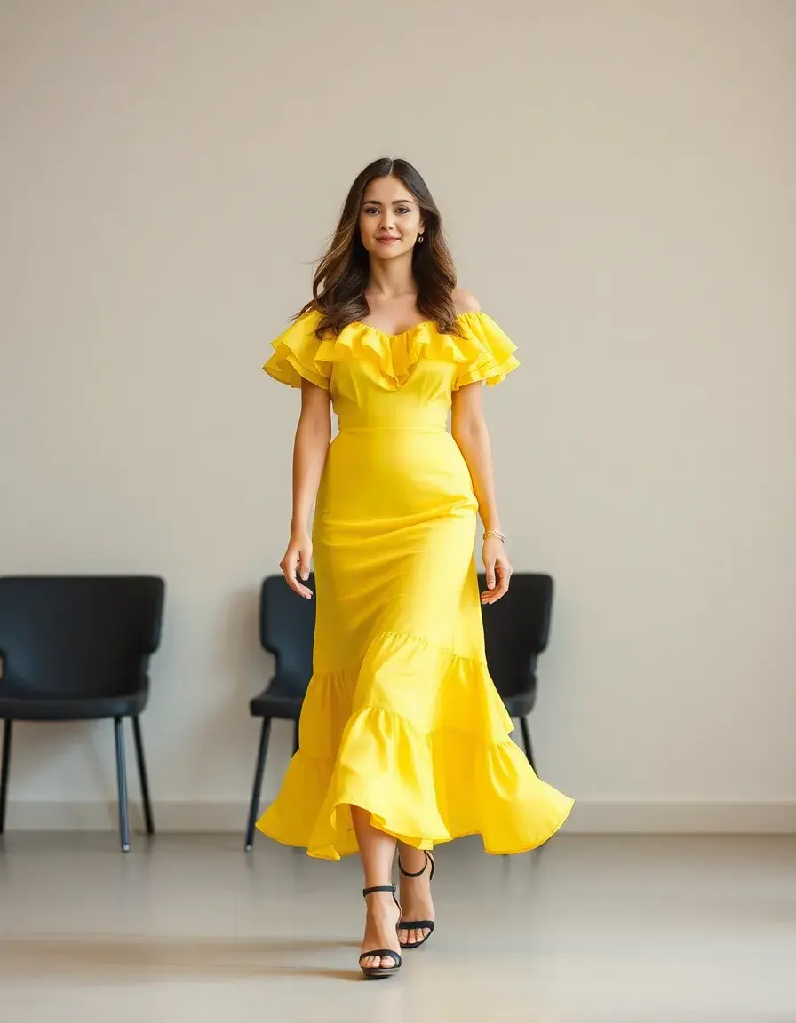 Vestido Boda volantes amarillo modelo caminando