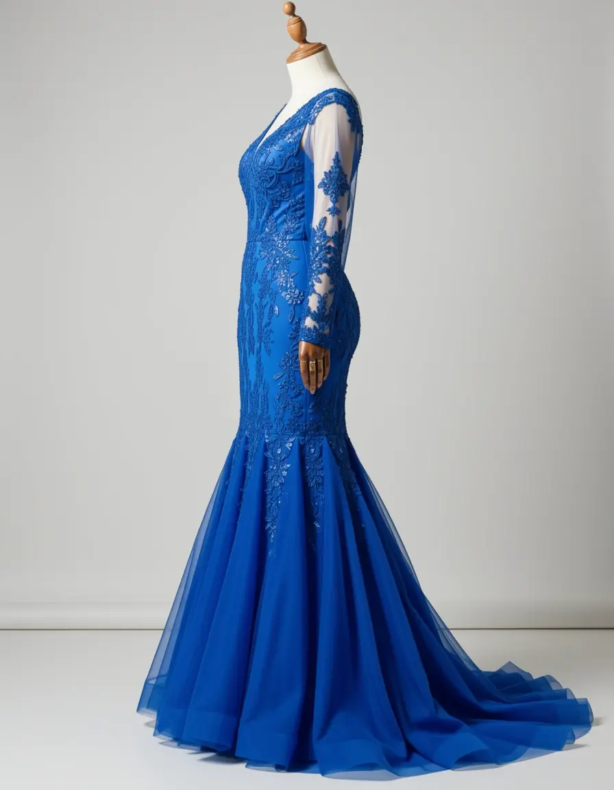 Vestido sirena azul graduación en maniquí