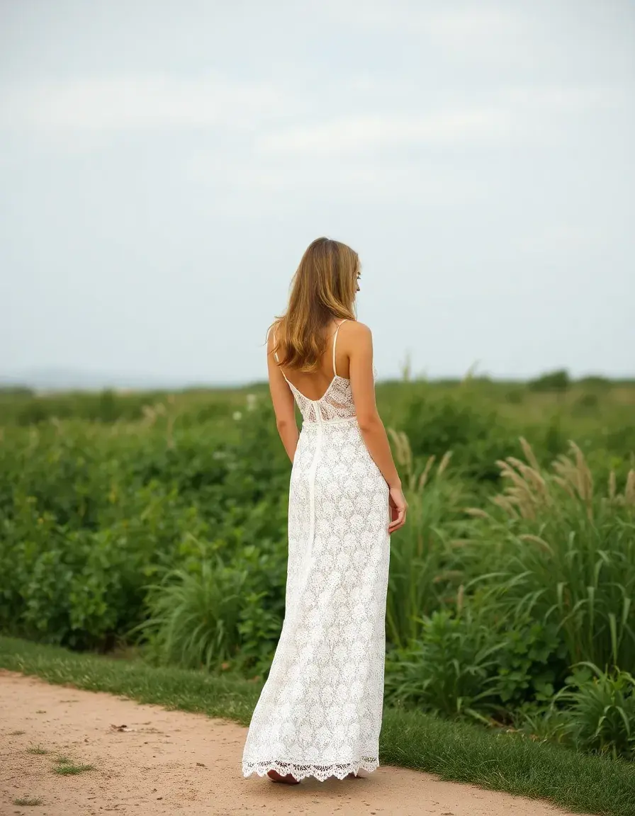 Vestido largo de encaje blanco en modelo cuerpo completo