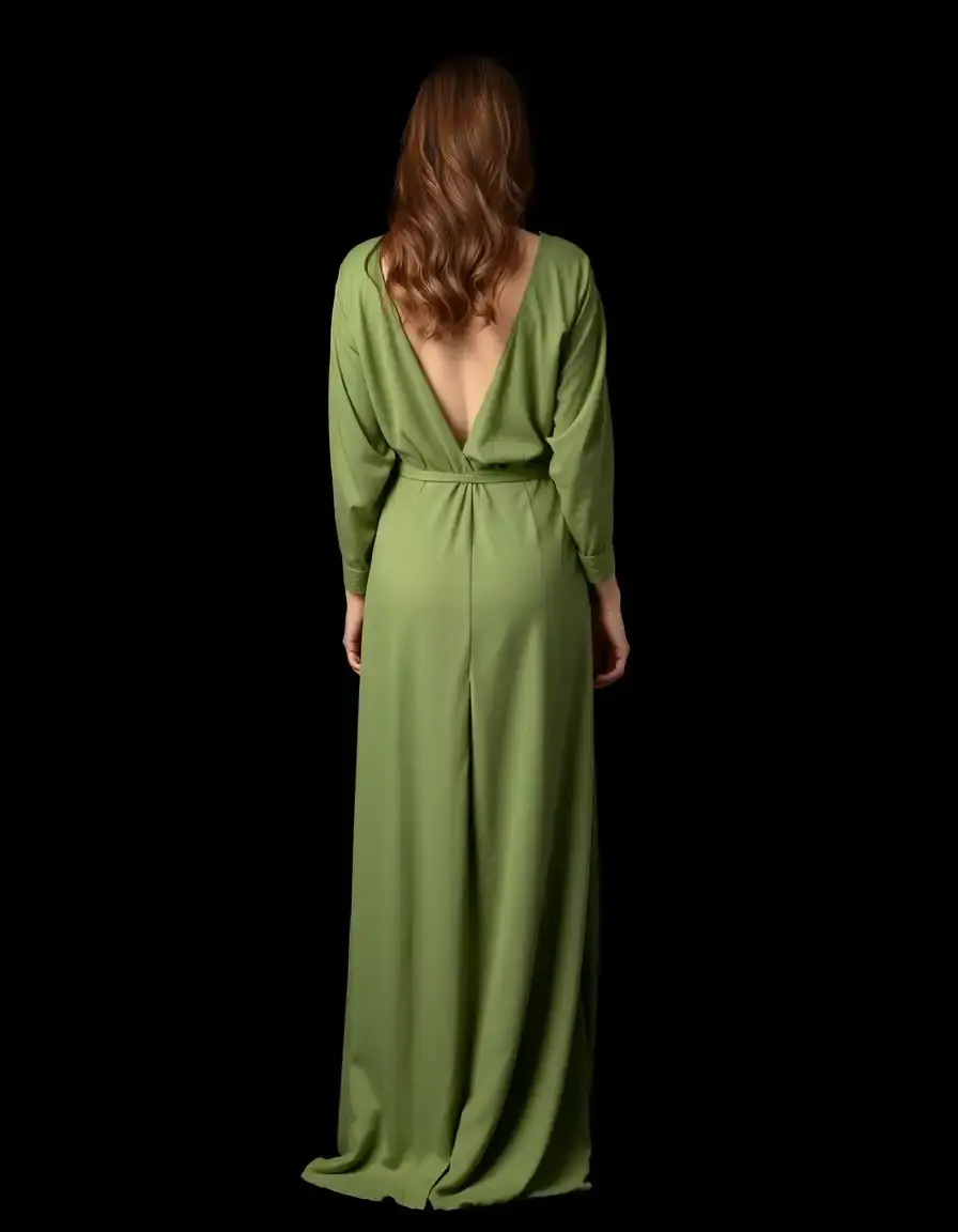 Vestido largo cruzado color verde vista trasera aislada