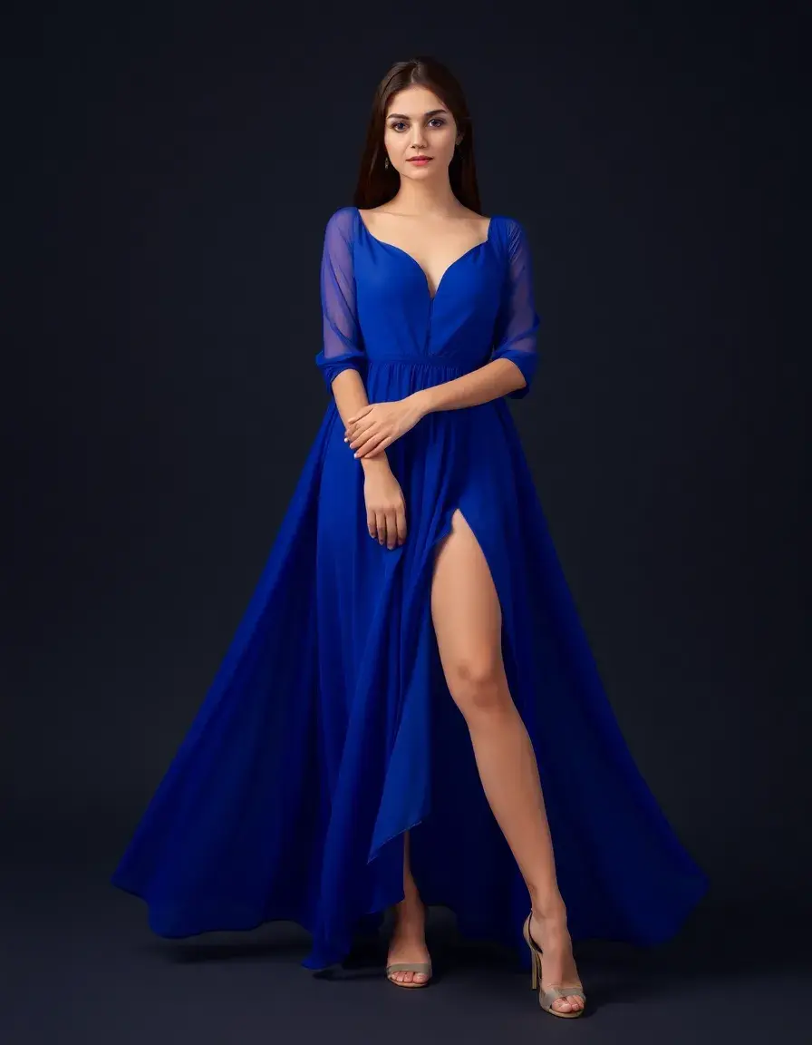 Vestido largo de chifón azul pose frontal
