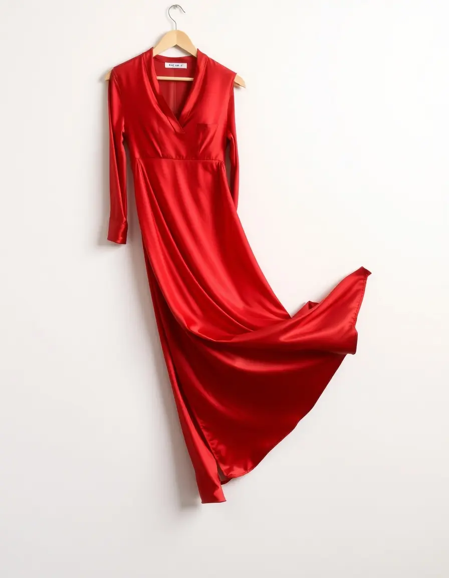 Vestido largo de satén rojo en percha