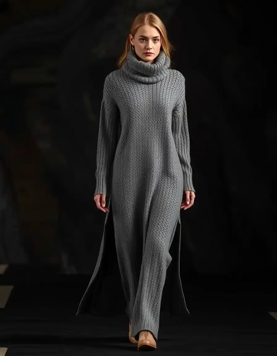 Vestido largo de punto gris modelo caminando