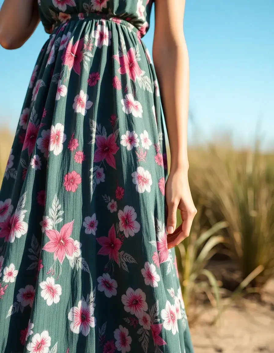 Detalle de primer plano de vestido largo con patrones florales