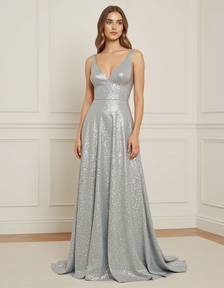 Vestidos nochevieja glitter plateado largo modelo
