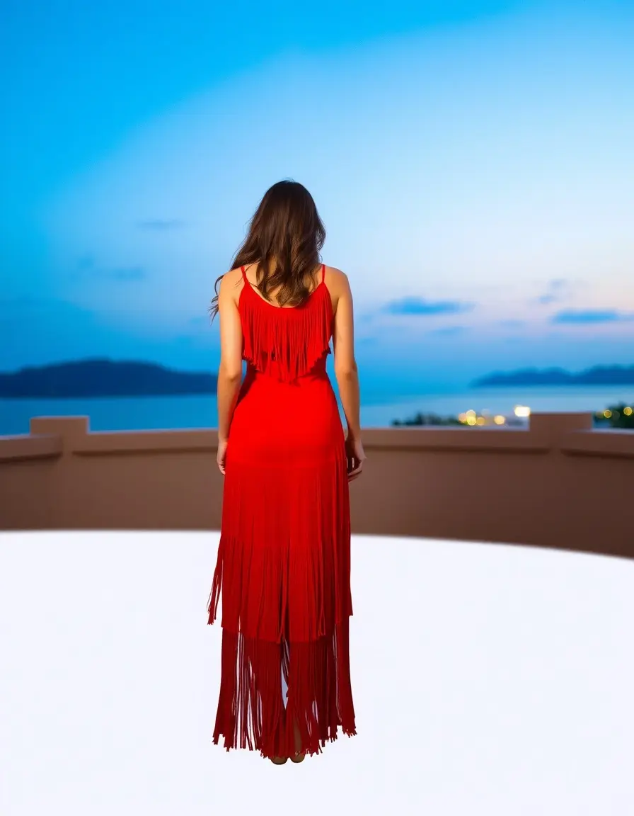 Vestido nochevieja flecos rojo espalda