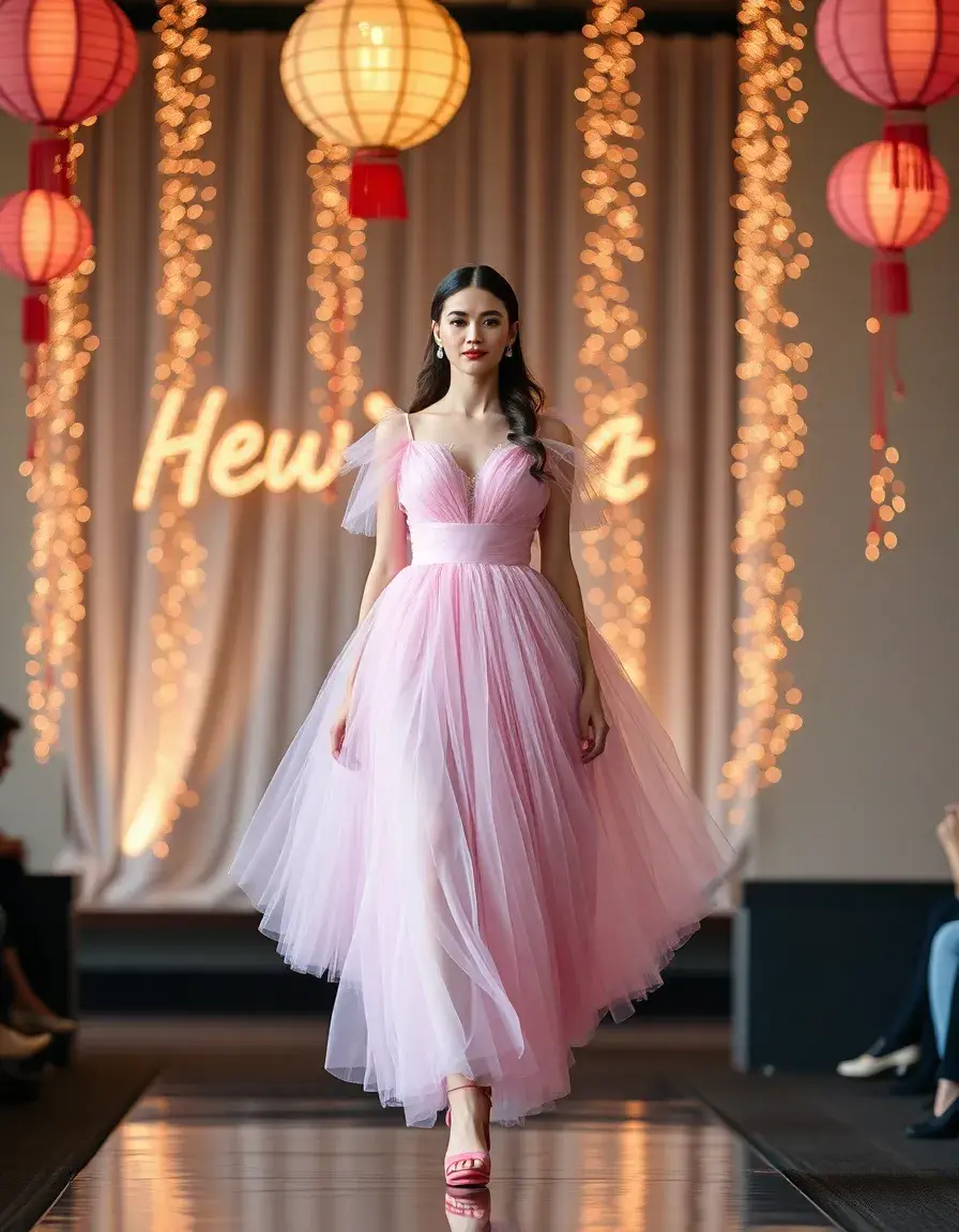 Vestido nochevieja tul rosa modelo caminando