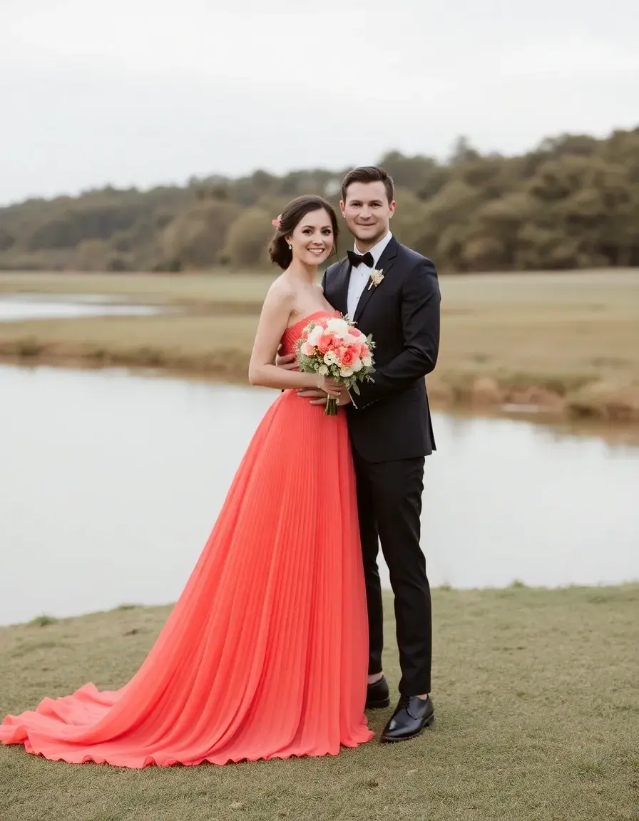 Vestido boda pleated coral, diseño plisado con movimiento