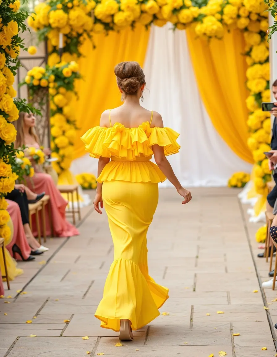 Vestido boda ruffle amarillo, con volantes modernos